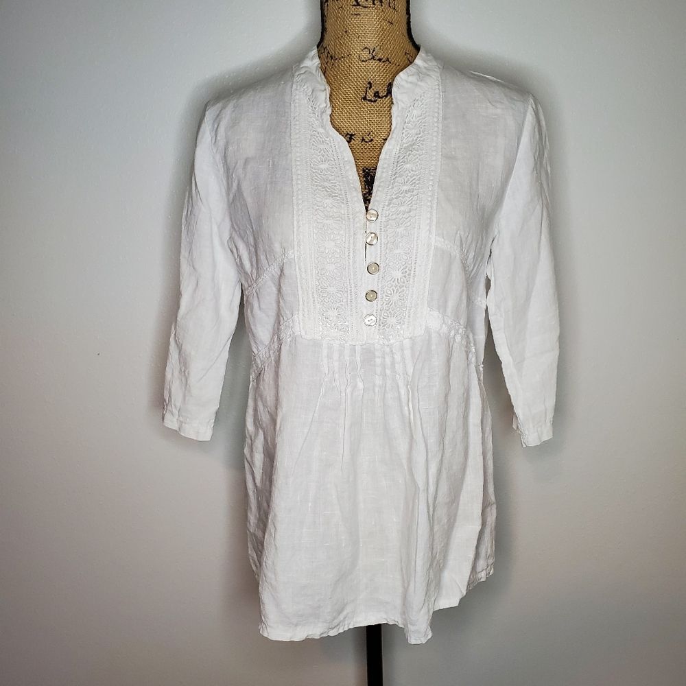 Lungo Larno 100% Linen White Button-Up Blouse Size S